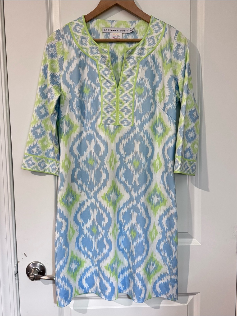Gretchen Scott Tunic Dress Women Small Blue Green Ikat 3/4 Sleeve Split Neck